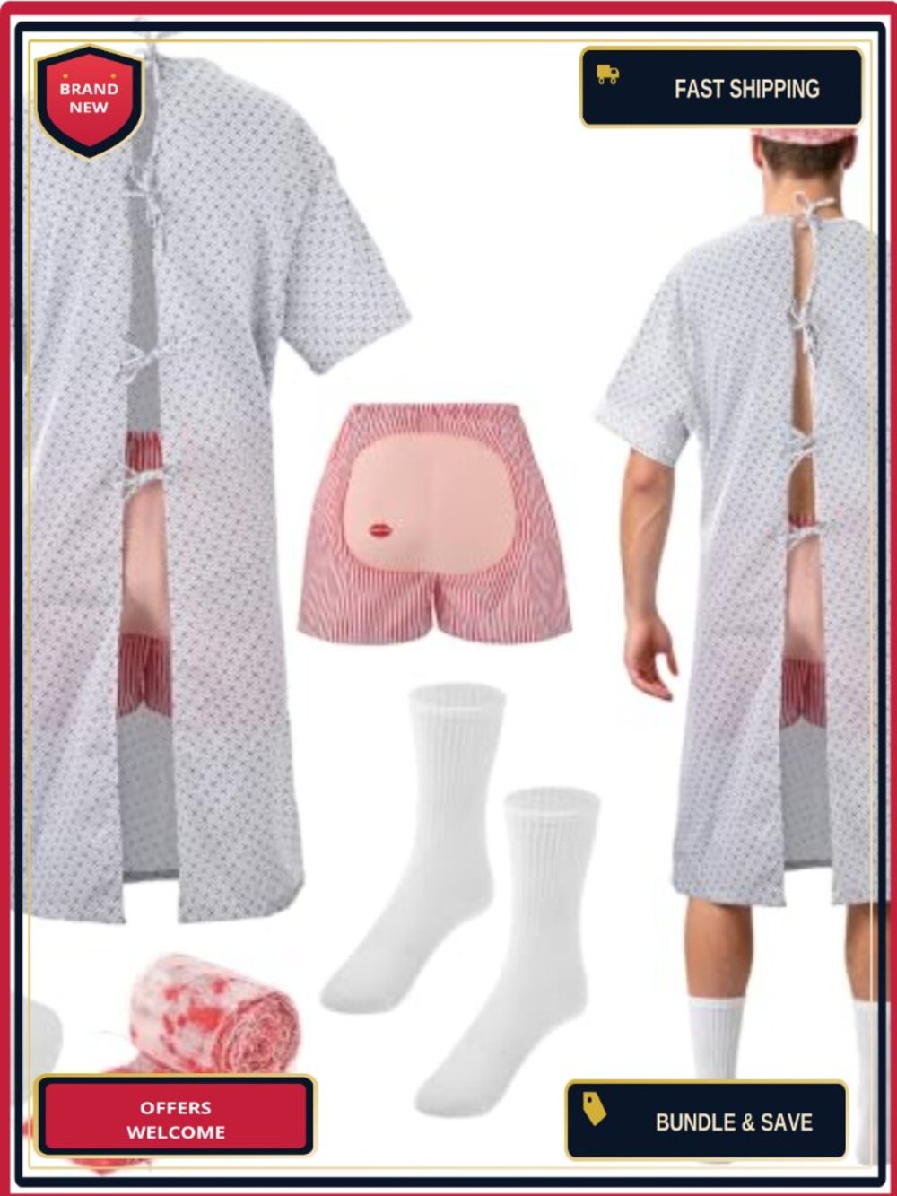 Halloween Patient Hospital Gown Costume Set 5-Piece Funny Outfit Unisex Adult